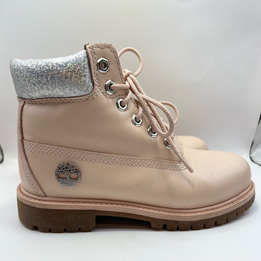 Timberland Kids Light Pink Boots with Glitter Silver Collar